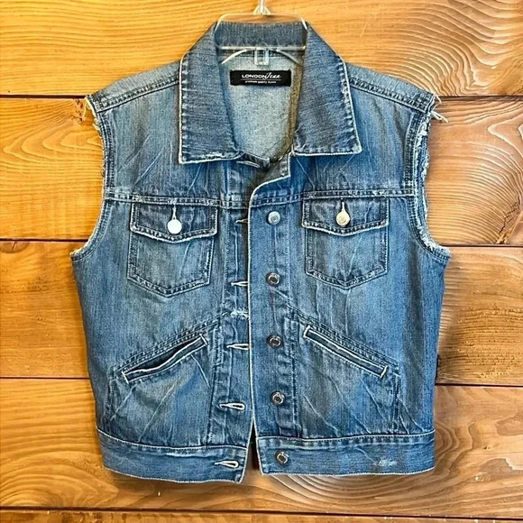London‎ Jean Womens Denim Jean vest 18 PTP streetwear Y2K distressed Fringe fall - Picture 1 of 6